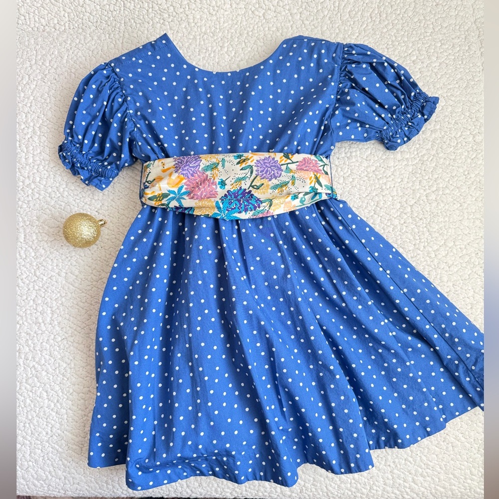 Tea Collection Blue Polka Dot Dress with Floral Belt